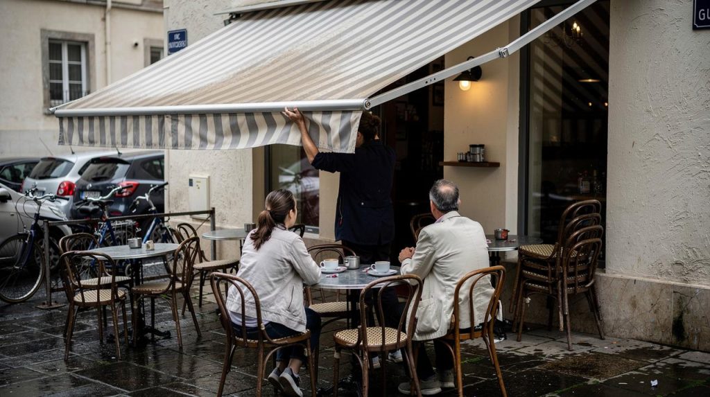 Dvoje gostiju sedi u bašti kafića dok konobar spušta prugastu tendu