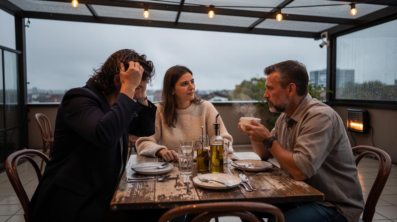 Troje ljudi sede za drvenim stolom na zatvorenoj terasi dok jedan drži glavu, drugi pije iz šolje