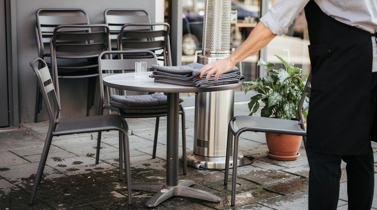 Radnik u kecelji postavlja složene ćebad na sto u bašti kafića