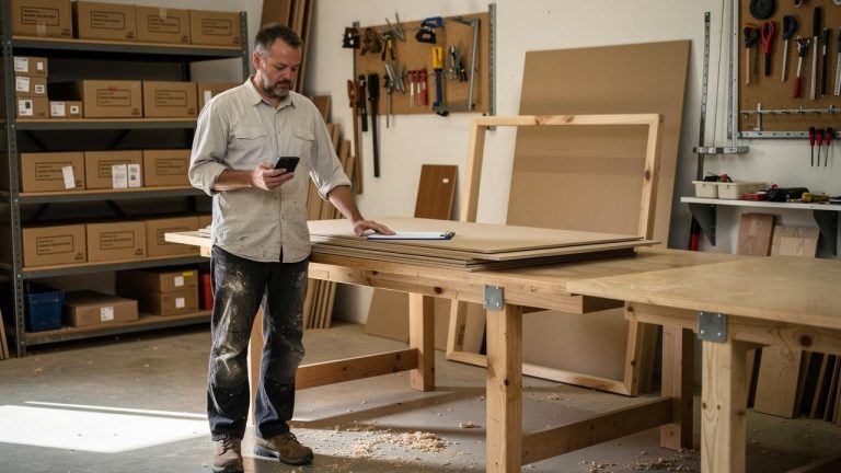 Muškarac stoji u radionici pored radnog stola sa daskama i gleda u mobilni