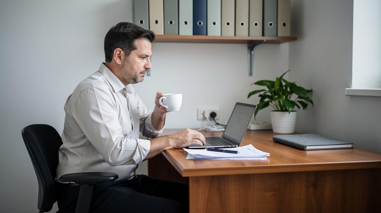Muškarac sedi za radnim stolom i radi na laptopu držeći šolju kafe