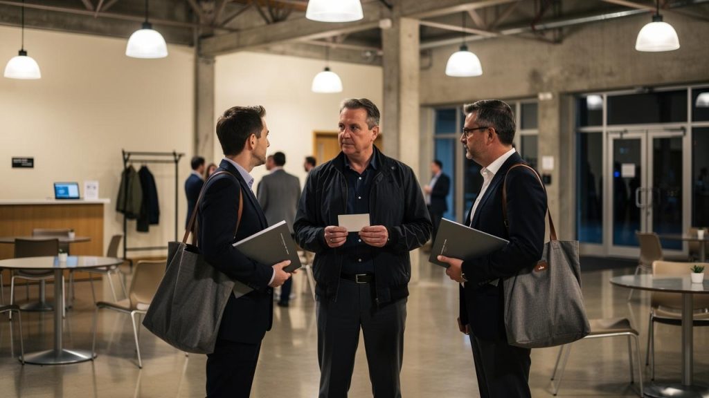Tri muškarca u odelima stoje u hali razgovarajući i drže fascikle