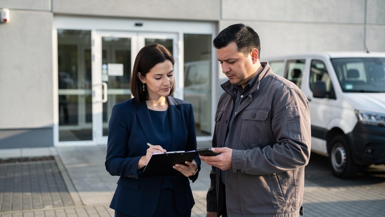 Žena u tamnom odelu drži fasciklu i piše dok muškarac pokazuje telefon